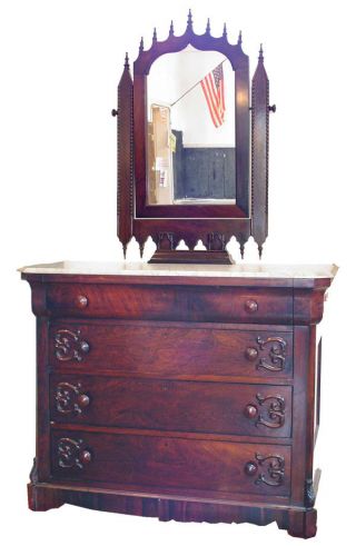 Antique 4 Drawer Gothic Rosewood Marble Top Dresser Attributed To Meeks 996