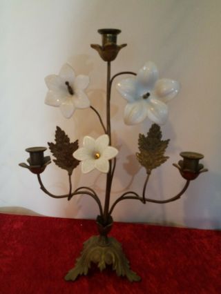 Antique Vintage French Candelabra With Flowers Wheat Early Milk Glass