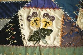 GORGEOUS Vintage 1880 ' s Silk Crazy Antique Quilt DENSE EMBROIDERY 10