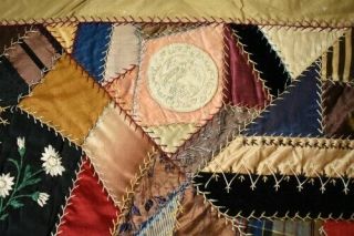 GORGEOUS Vintage 1880 ' s Silk Crazy Antique Quilt DENSE EMBROIDERY 11