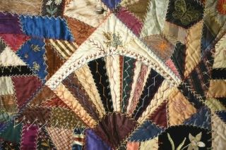 GORGEOUS Vintage 1880 ' s Silk Crazy Antique Quilt DENSE EMBROIDERY 2