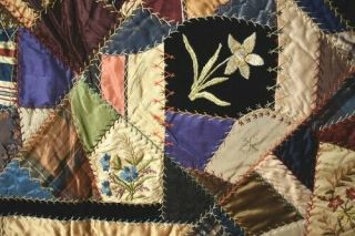 GORGEOUS Vintage 1880 ' s Silk Crazy Antique Quilt DENSE EMBROIDERY 3