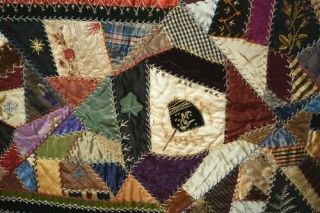 GORGEOUS Vintage 1880 ' s Silk Crazy Antique Quilt DENSE EMBROIDERY 4