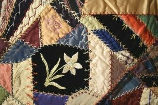 GORGEOUS Vintage 1880 ' s Silk Crazy Antique Quilt DENSE EMBROIDERY 5