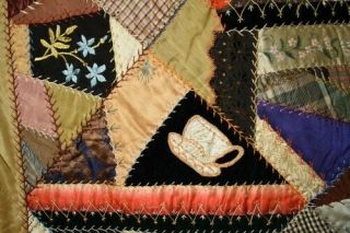 GORGEOUS Vintage 1880 ' s Silk Crazy Antique Quilt DENSE EMBROIDERY 6