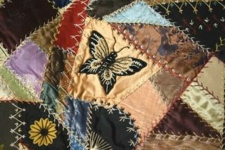 GORGEOUS Vintage 1880 ' s Silk Crazy Antique Quilt DENSE EMBROIDERY 7