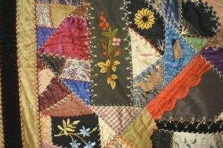 GORGEOUS Vintage 1880 ' s Silk Crazy Antique Quilt DENSE EMBROIDERY 8