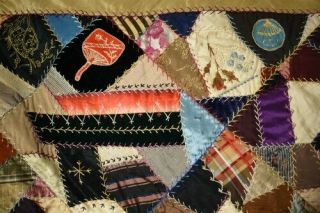 GORGEOUS Vintage 1880 ' s Silk Crazy Antique Quilt DENSE EMBROIDERY 9