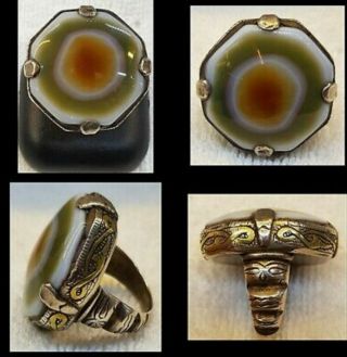 Wow Huge Old Antique Silver Ring With Evil Eyes Powerful Protection Agate Stone