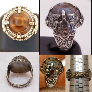 Ancient Old Silver Ring With Wonderful Yemani Agate Stone Evil Eyes Protection