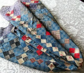 1800’s Early Antique Blue Red Brown Calico Crib Quilt Primitive Farmhouse Doll