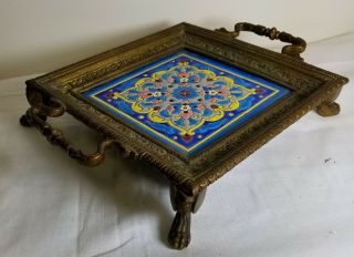 Antique Bronze Longwy Enamel Tile Tray Trivet French Aesthetic 7