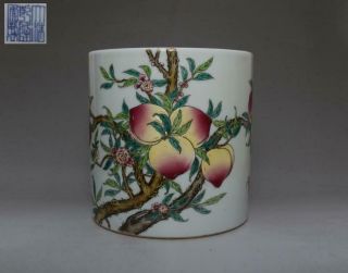 Old Chinese Famille Rose Porcelain Brush Pot Qianlong Mark With Peach (534)