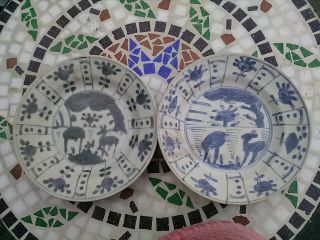 Pair Ming 1600s Kraak Deer Wanli Shipwreck Plates Blue And White