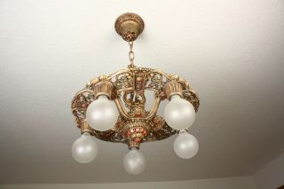 RARE 20 ' s ANTIQUE VINTAGE RIDDLE Ceiling Light Fixture CHANDELIER 5