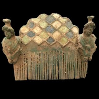 Roman Ancient Bronze Enameled Comb With Busts - 200 - 400 Ad (1)