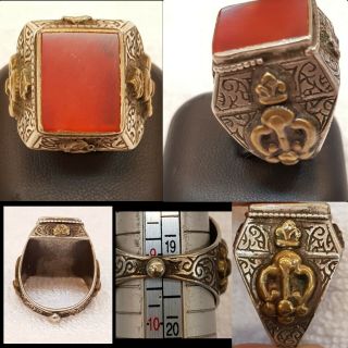 Old Yemani Agate Stone Ancient Silver Ring With Gold Work On Sides