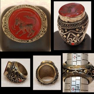 Medieval Old Silver Huge Ring With Red Agate Stone And Horse Intagilo