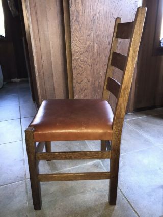 Gustav Stickley Tiger Oak Chair Ladder Back Mission Arts Craft Antique Leather 2