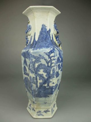 Chinese Antique Porcelain Blue And White Landscape Pattern Hexagonal Vase