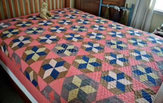 Antique Hand Stitched Hexagonal Star Calico Quilt