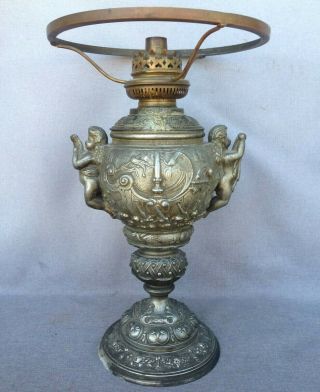 Big antique french Napoleon III oil lamp 19th century regule angels religious 2