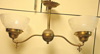Antique Electrified Gas Brass Hanging Double Arm Chandelier Light