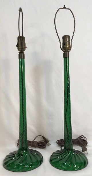 Pair Vintage Tall Dark Green Art Glass Table Lamps