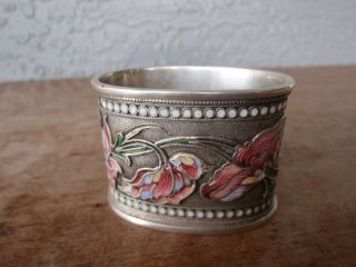 Antique Russian Silver 84 Ilya Egorovich Sorokin Floral Beads Enamel Napkin Ring