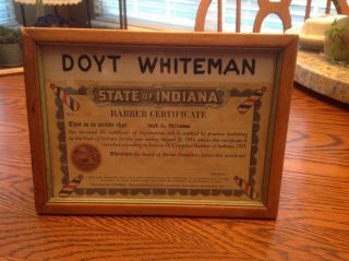 Doyt Whiteman Indiana Barber Certificate No.  765 1933 In Frame Wall Hanging