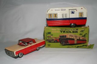 Made In Japan Tin Friction 1960 Ford With House Trailer,  Boxed