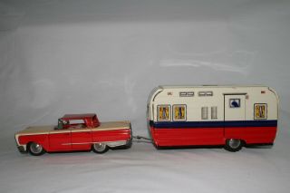 Made in Japan Tin Friction 1960 Ford with House Trailer,  Boxed 6