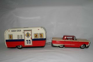Made in Japan Tin Friction 1960 Ford with House Trailer,  Boxed 7