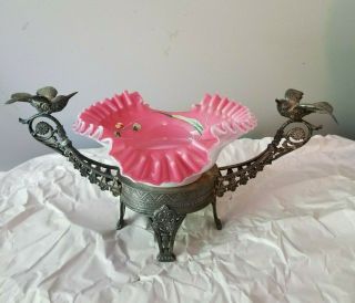 Antique Victorian Centerpiece Silverplate Bride Basket Figural Birds Glass Bowl