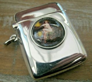 Antique Style Hallmarked Sterling Silver & Enamel Erotic Vesta Case Match Safe
