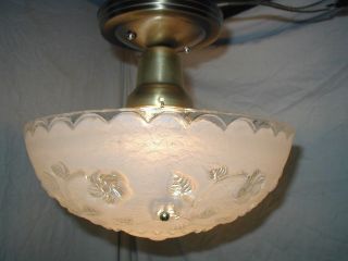 Vtg 30s Art Deco White Vine Floral Shade Glass 3 Chain Chandelier Light Fixture