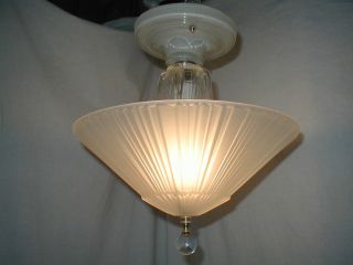 Antique Vtg 30s Art Deco Clear Pleated Satin Glass Light Fixture Chandelier