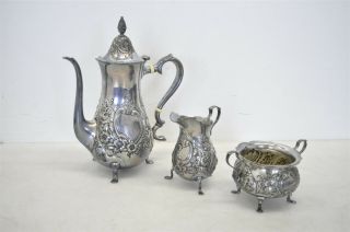 Sterling Silver.  925 Coffee/tea Pot Creamer & Sugar Bowl W/ Floral Repousse 600g