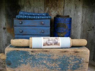 Early Antique Primitive Wood Rolling Pin Blue Homespun & Old Photo