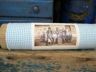 Early Antique Primitive Wood Rolling Pin Blue Homespun & Old Photo 2