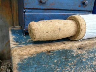 Early Antique Primitive Wood Rolling Pin Blue Homespun & Old Photo 4