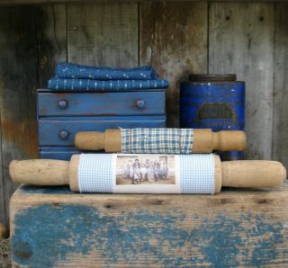 Early Antique Primitive Wood Rolling Pin Blue Homespun & Old Photo 9