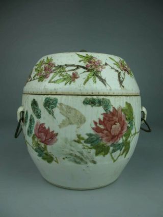 Antique Chinese Porcelain Famille Rose Flower And Bird Covered Cans