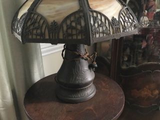 Arts and crafts slag stained glass lamp mission unusual base all 2