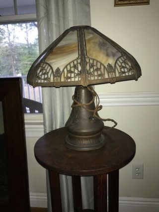 Arts and crafts slag stained glass lamp mission unusual base all 4