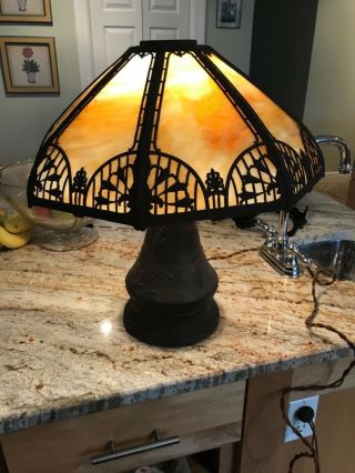 Arts and crafts slag stained glass lamp mission unusual base all 8