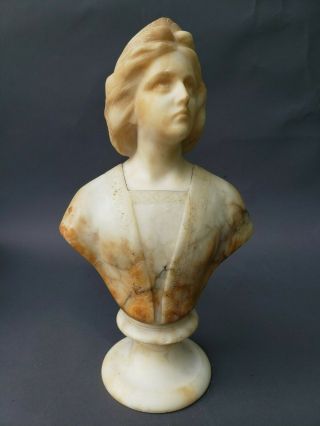 Antique 19th Century Carved Marble Bust On Base 15 1/2 "
