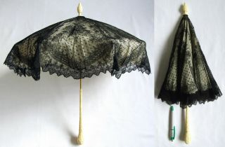 Near Perfect Antique Victorian Carved Chantilly Lace Parasol Umbrella Ca.  1870