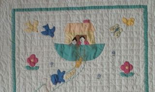 Antique 1930s Noah ' s Ark Crib Quilt Vintage Folk Art Hand Made Rare 3