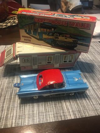 Nib Vintage Tin Toy Friction Car With House Trailer Japan.